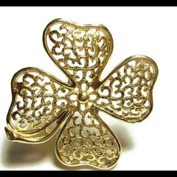VTG Gold Plate Sarah Coventry 4-LEAF CLOVER BROOCH Pin 2” Open Metalwork Lacey - Picture 5 of 5